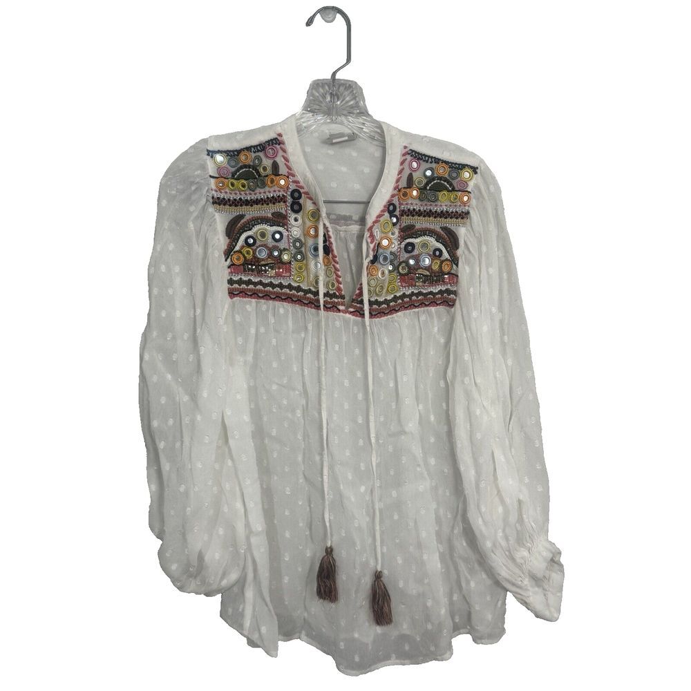 Ivy Jane Women White‎ Swiss Dot Embroidered Mirror Tassel Boho Peasant Top Small